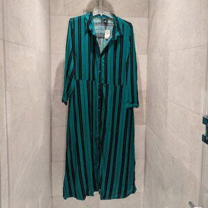 NWT Plus Size Ashley Stewart Linen Blend Green Striped Collared Maxi Dress 22W